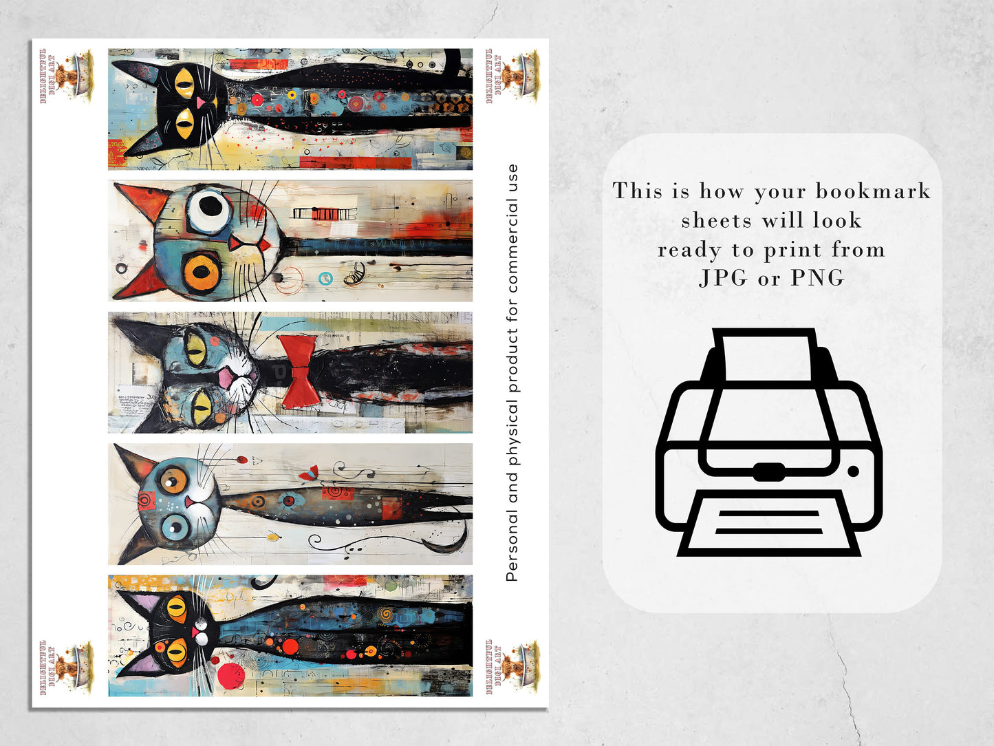 Meow Society Printable Bookmarks II | 10 Quirky Mixed Media Cat Bookmark Sheets| PNG bookmark sublimation| Whimsical Cat Digital Bookmarks