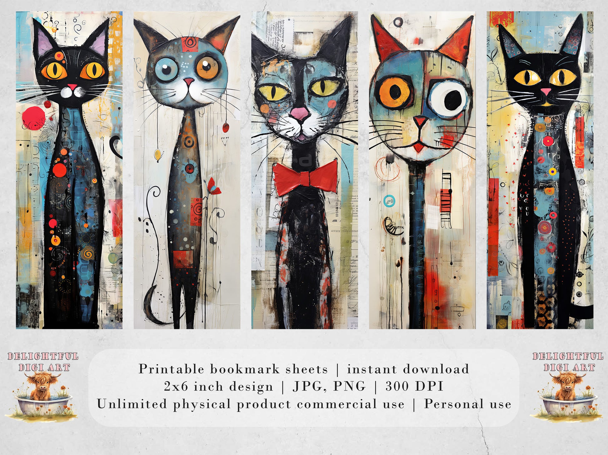 Meow Society Printable Bookmarks II | 10 Quirky Mixed Media Cat Bookmark Sheets| PNG bookmark sublimation| Whimsical Cat Digital Bookmarks