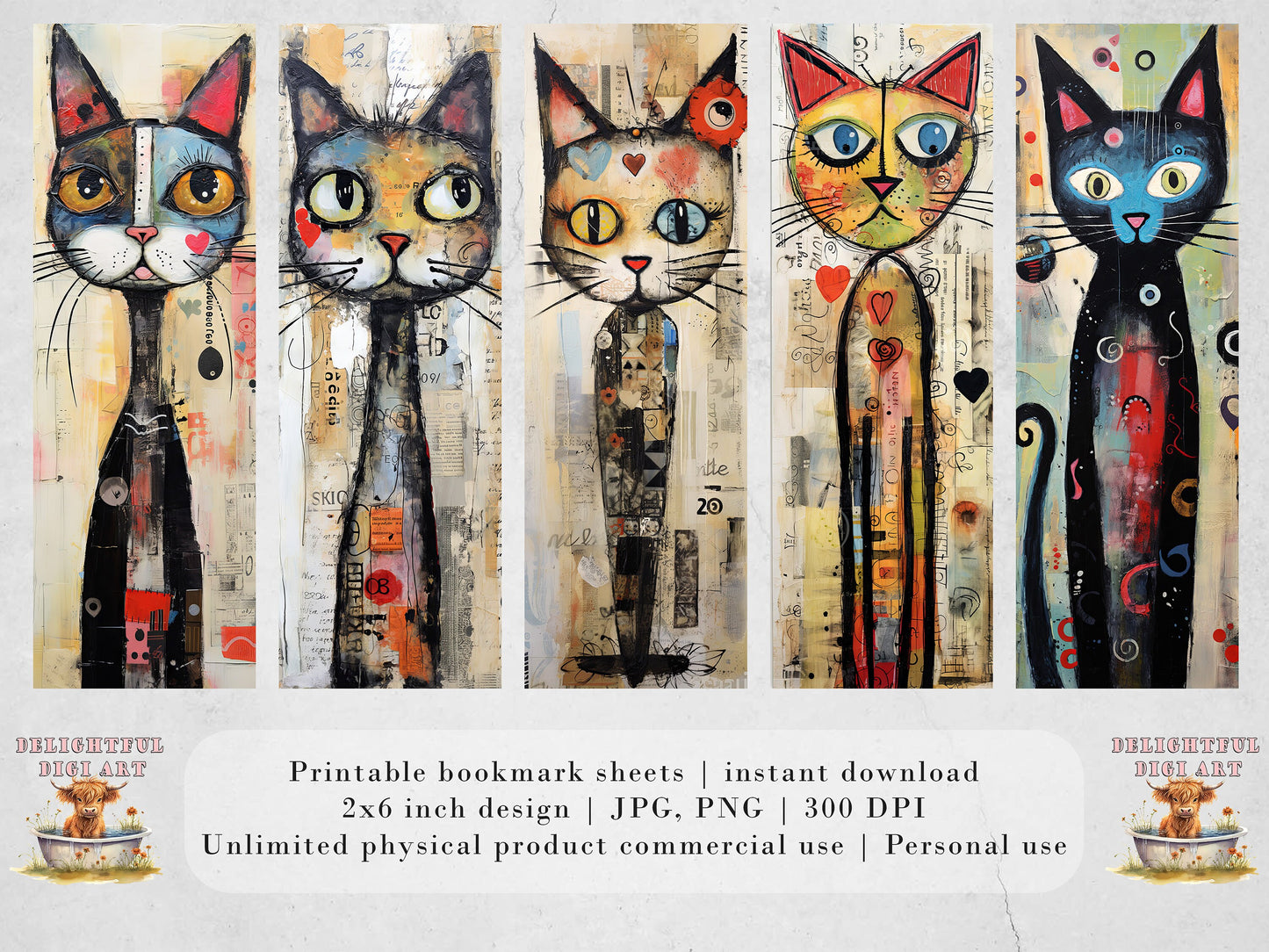 Meow Society Printable Bookmarks II | 10 Quirky Mixed Media Cat Bookmark Sheets| PNG bookmark sublimation| Whimsical Cat Digital Bookmarks