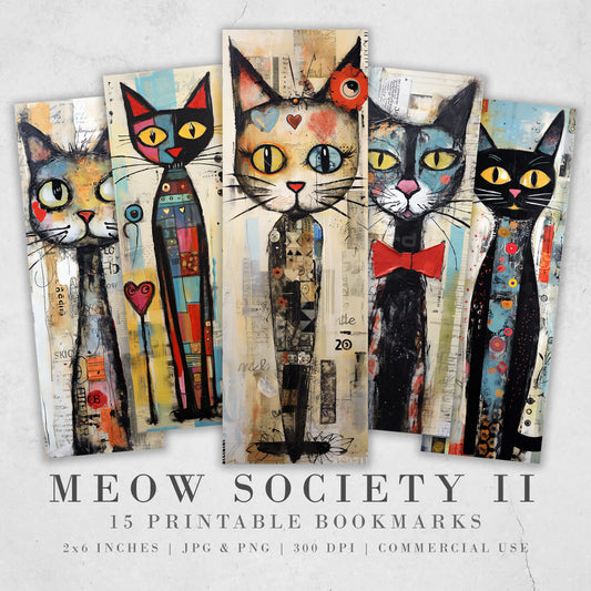 Meow Society Printable Bookmarks II | 10 Quirky Mixed Media Cat Bookmark Sheets| PNG bookmark sublimation| Whimsical Cat Digital Bookmarks