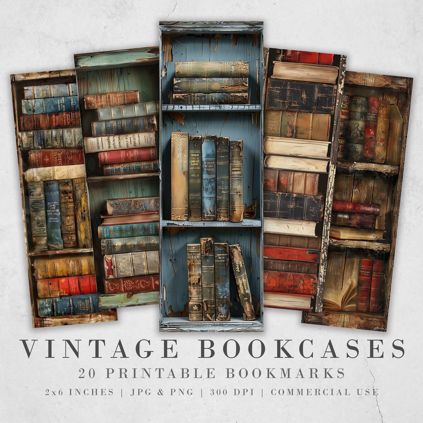 20 Vintage Bookcase Printable Bookmarks | 4 Bookmark Sheets | PNG bookmark sublimation | Distressed Old Book Shelves Ephemera | Junk Journal