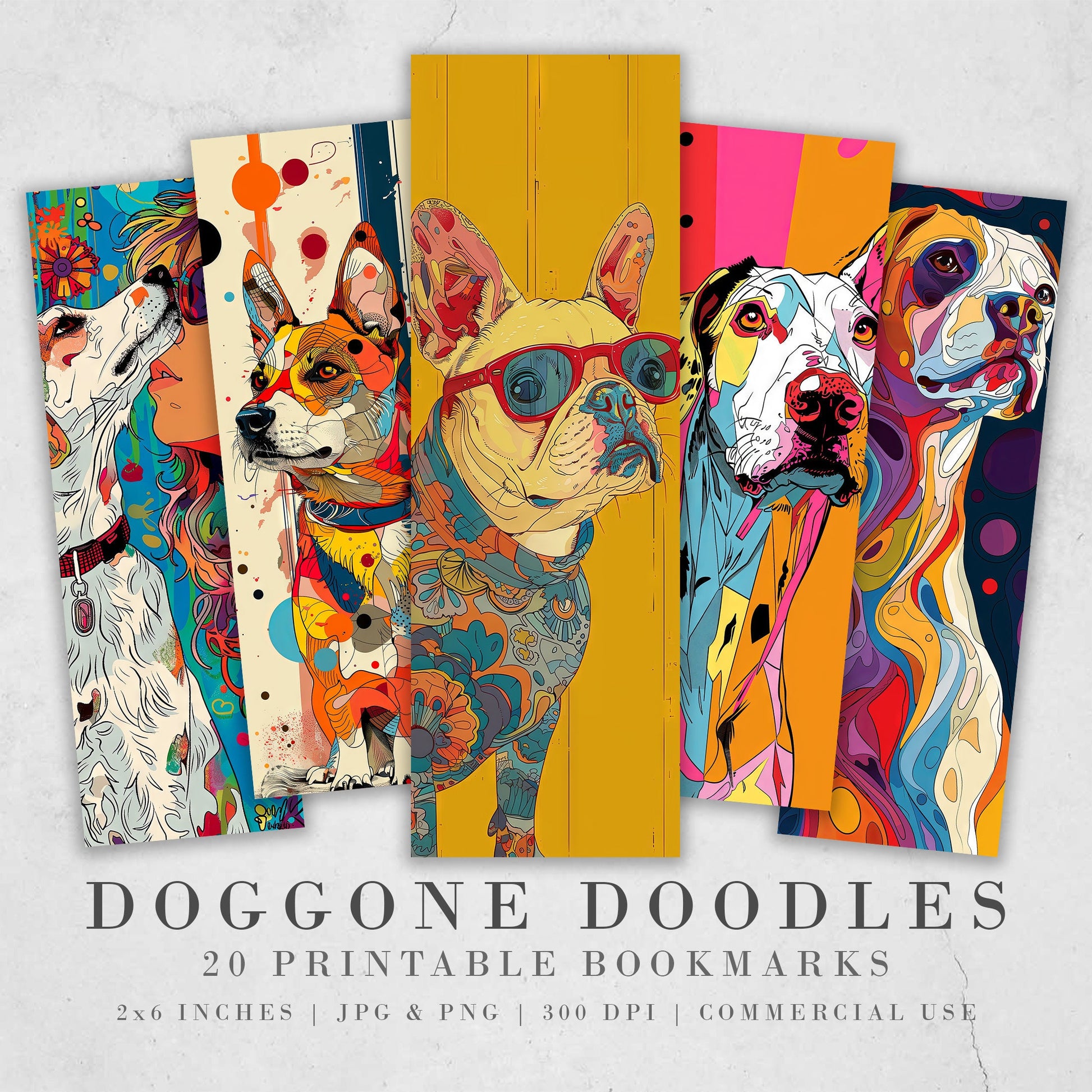 Doggone Doodles Printable Bookmarks| 20 Quirky Dog Line Drawing Bookmark Sheets| PNG bookmark sublimation| Bright Colors 1950s Pop Art Style