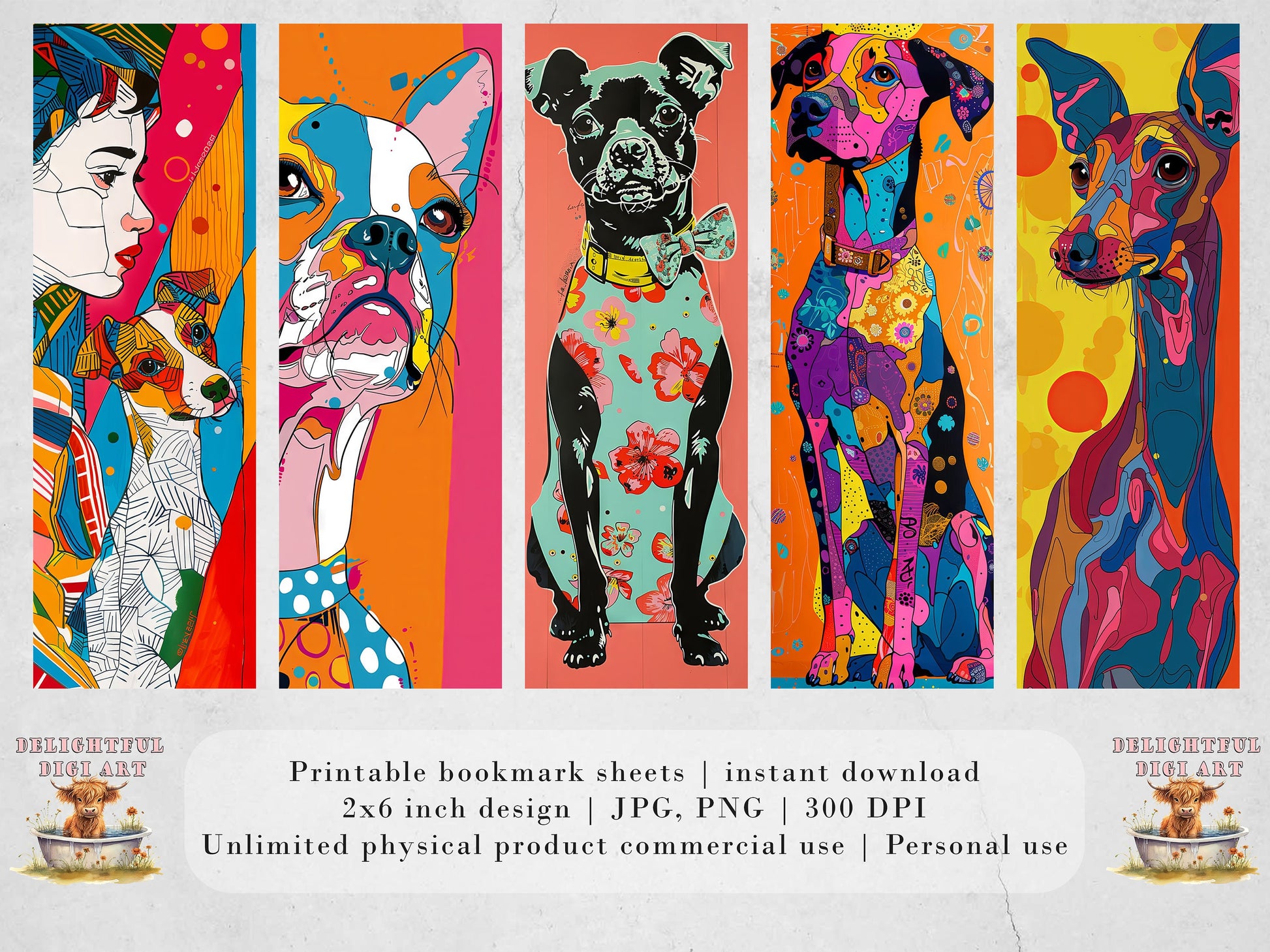 Doggone Doodles Printable Bookmarks| 20 Quirky Dog Line Drawing Bookmark Sheets| PNG bookmark sublimation| Bright Colors 1950s Pop Art Style