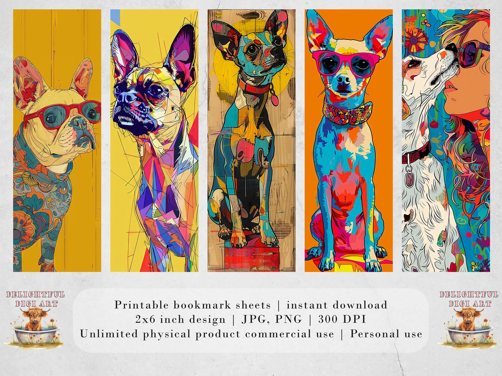 Doggone Doodles Printable Bookmarks| 20 Quirky Dog Line Drawing Bookmark Sheets| PNG bookmark sublimation| Bright Colors 1950s Pop Art Style