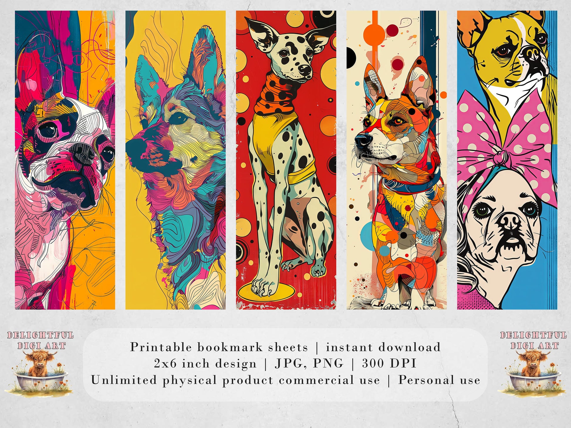 Doggone Doodles Printable Bookmarks| 20 Quirky Dog Line Drawing Bookmark Sheets| PNG bookmark sublimation| Bright Colors 1950s Pop Art Style