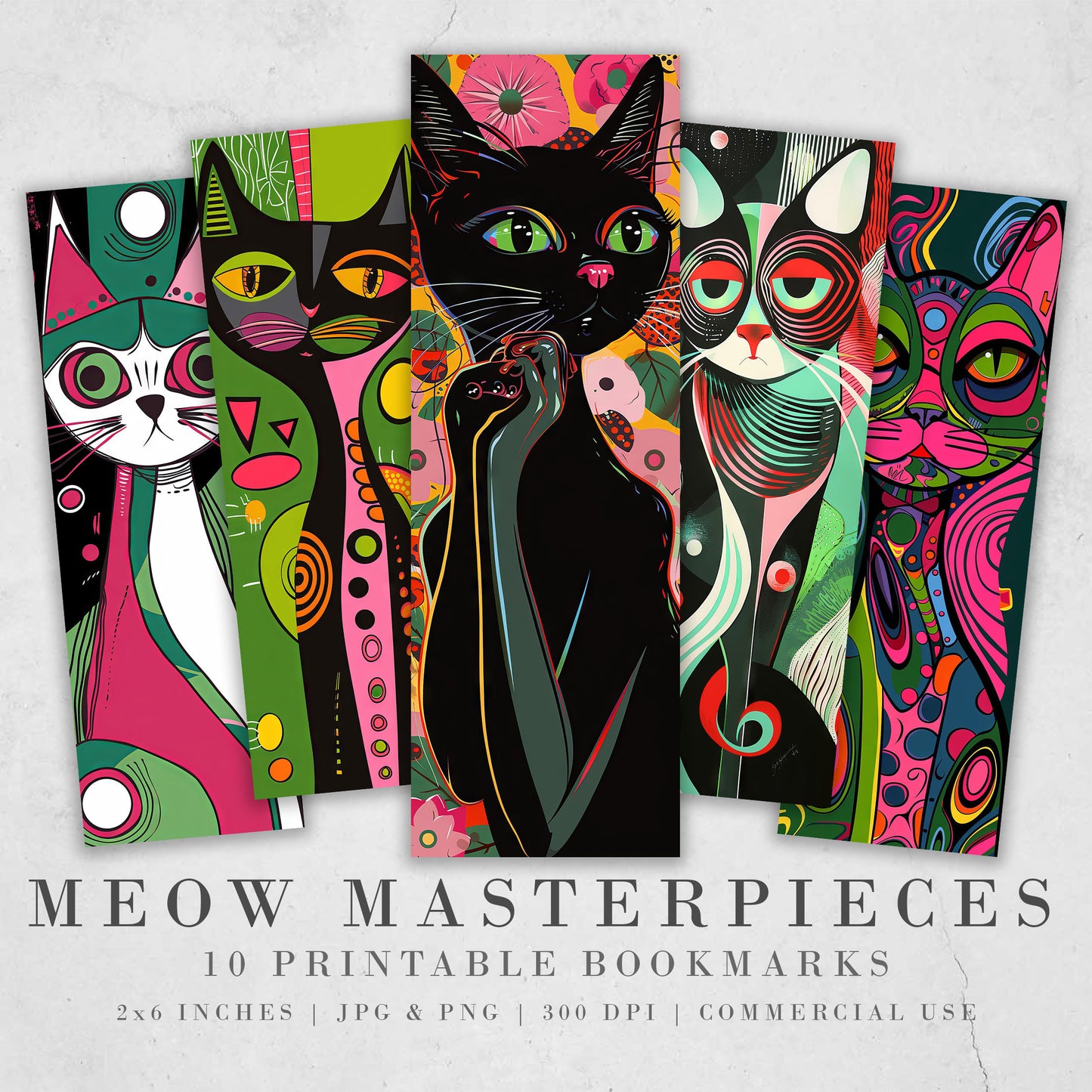 Meow Masterpieces Printable Bookmarks| 10 Quirky Cat Line Drawing Bookmark Sheets PNG bookmark sublimation Bright Colors 1950s Pop Art Style