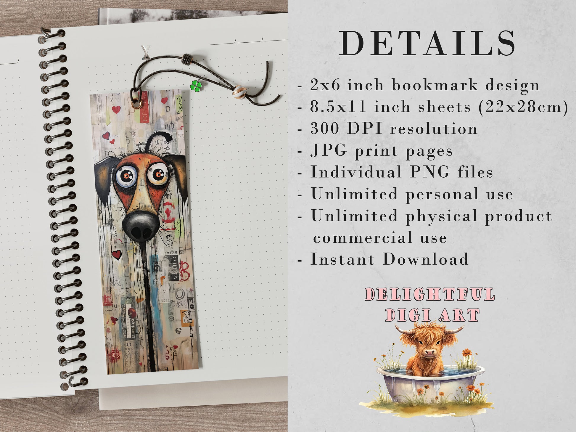 The Muttley Crew Printable Bookmarks| 15 Quirky Mixed Media Dog Bookmark Sheets| PNG bookmark sublimation| Whimsical Dogs Digital Bookmarks