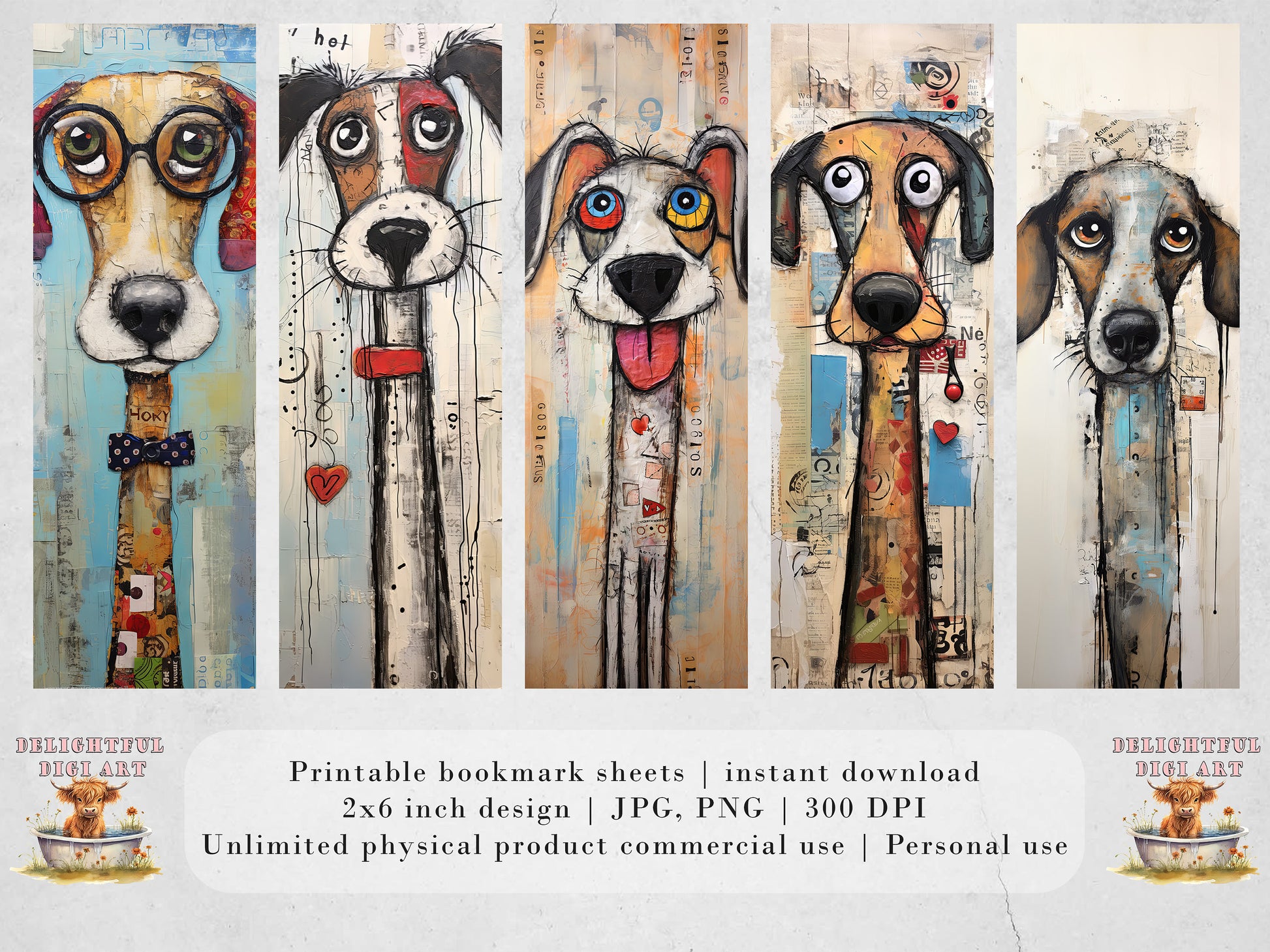 The Muttley Crew Printable Bookmarks| 15 Quirky Mixed Media Dog Bookmark Sheets| PNG bookmark sublimation| Whimsical Dogs Digital Bookmarks