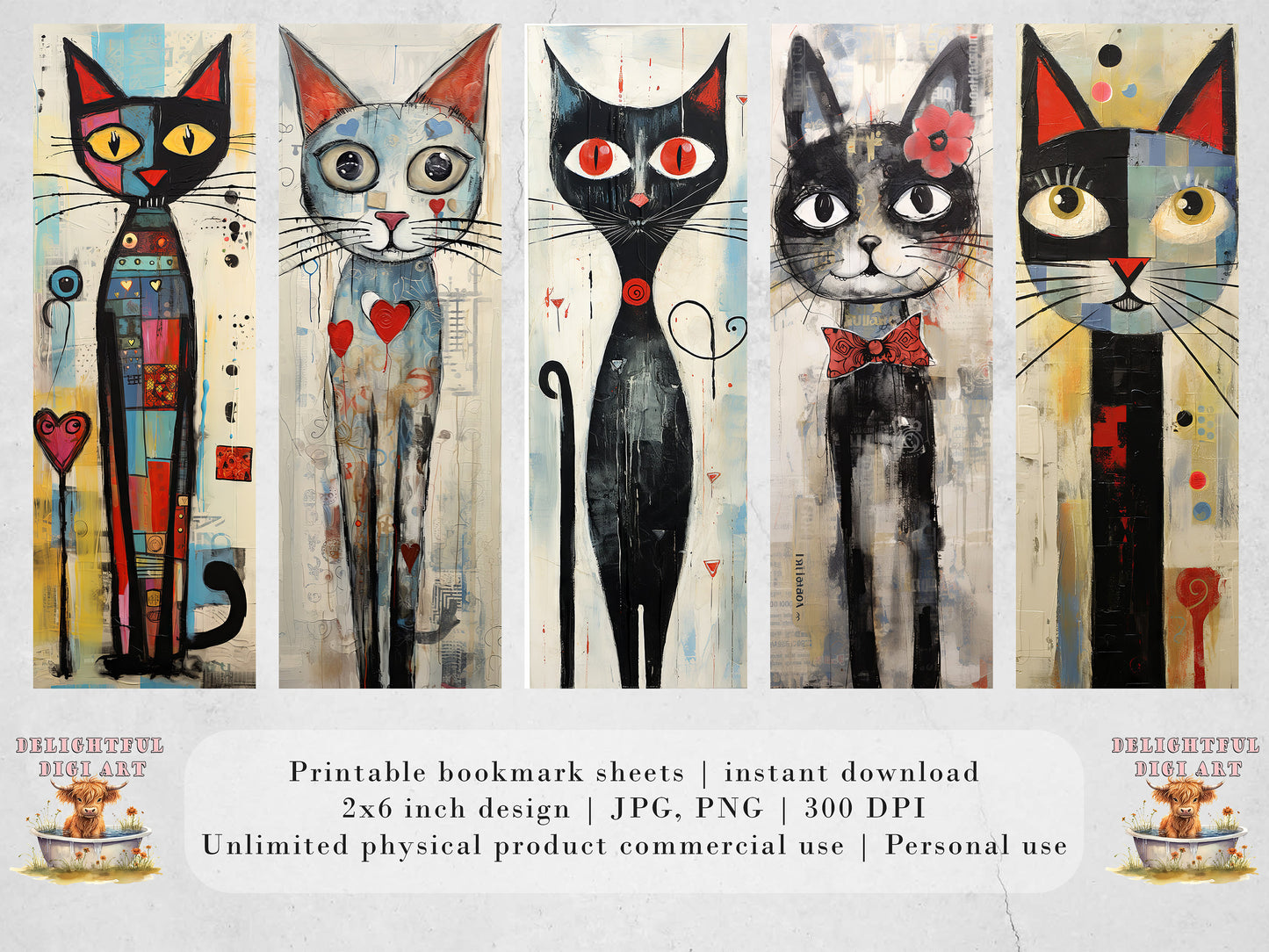 Meow Society Printable Bookmarks II | 10 Quirky Mixed Media Cat Bookmark Sheets| PNG bookmark sublimation| Whimsical Cat Digital Bookmarks